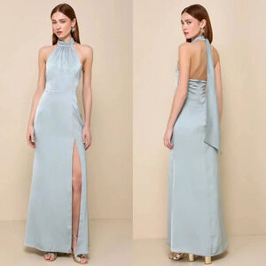 Lulu's Pristine Charisma Sage Green Satin Backless Halter Maxi Dress S Wedding